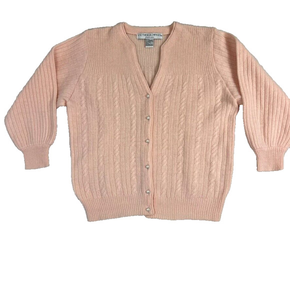 Victoria Jones Cardigan Sweater PM Pink Lambswool Angora Rabbit Hair Button Up - Picture 1 of 7
